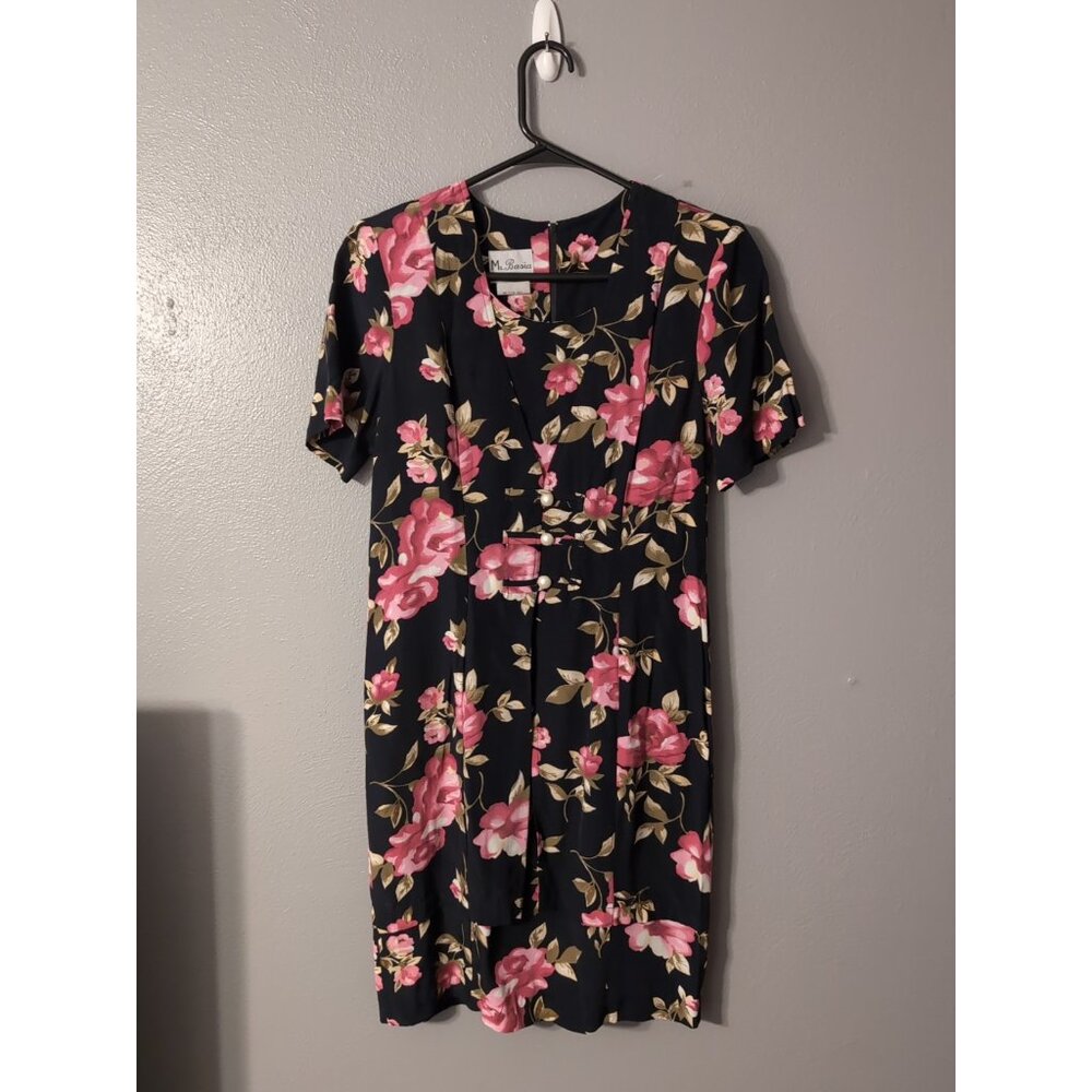 Ms.Basia Black Floral Vintage Dress Size 8 Shoulder Pads